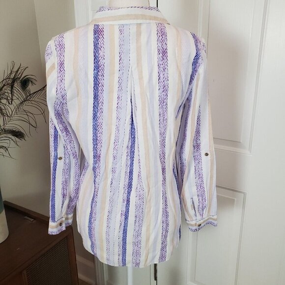 Chico's Button Up Shirt Size 0 US Small Lightweight White Blue Tan Stripes Coast - Picture 4 of 13
